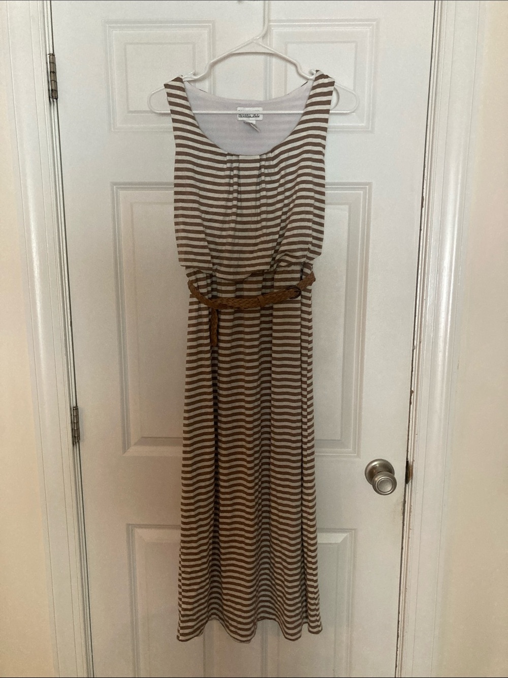 Robbie Bee Brown and Cream Striped Sleeveless Maxi with Braided Waist Belt